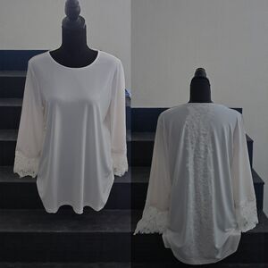 Susan Graver Liquid Knit Lace Sleeve Tunic Top White Medium Elegant